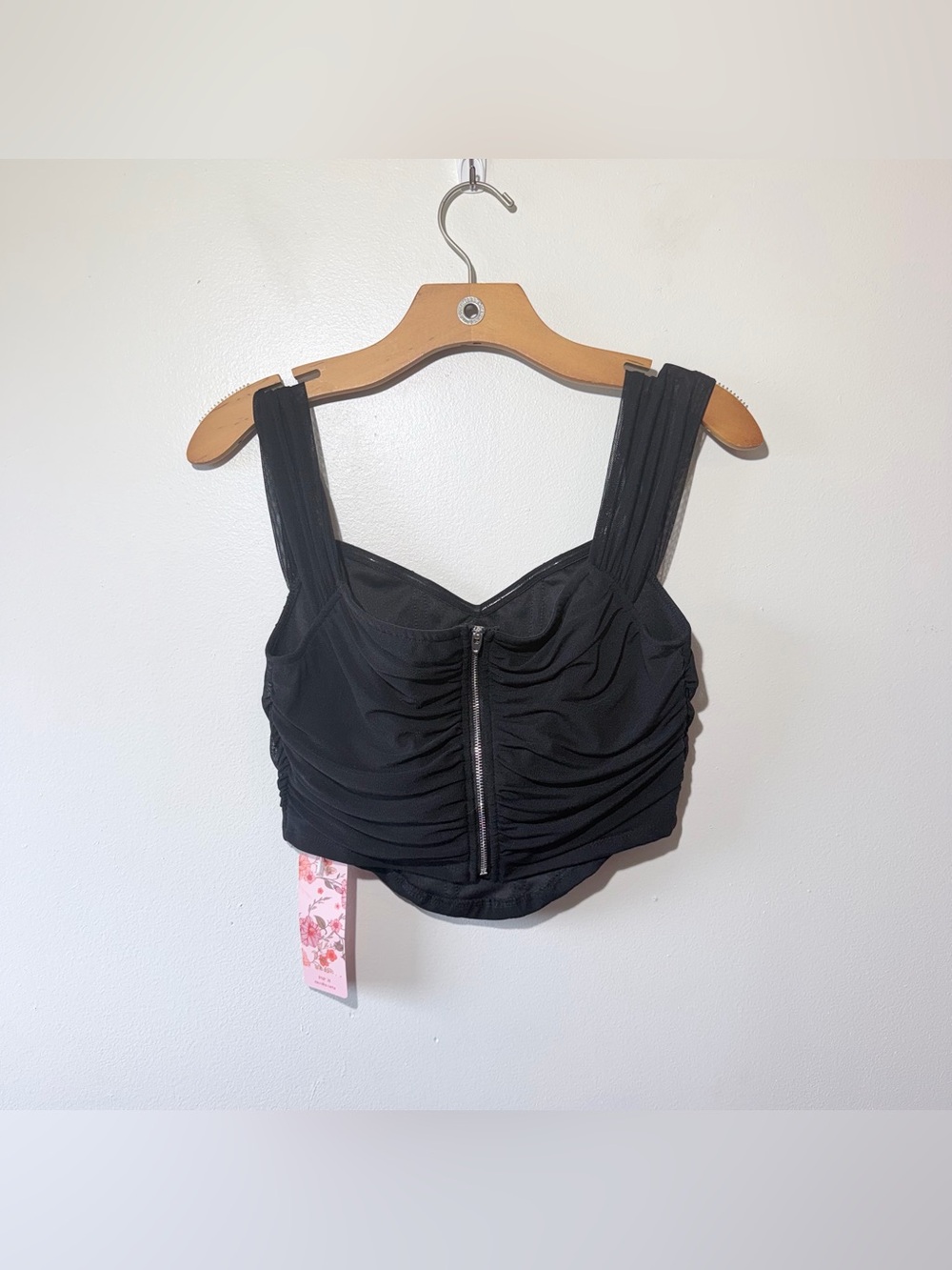 SHEIN Black Ruched Zip Front Crop Top size L NWT